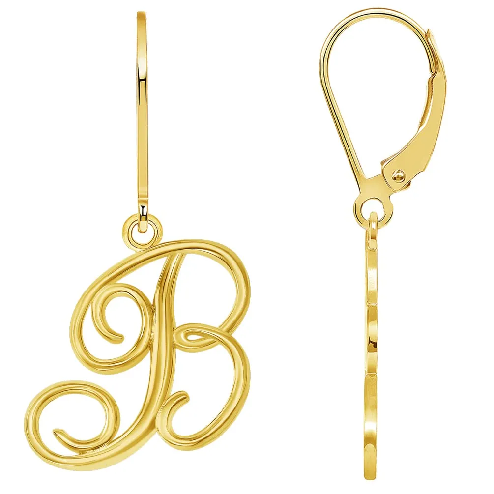 Solid 14k Yellow Gold Elegant Script Letter Cursive Initial Dangle Drop Earrings with Leverback - A to Z