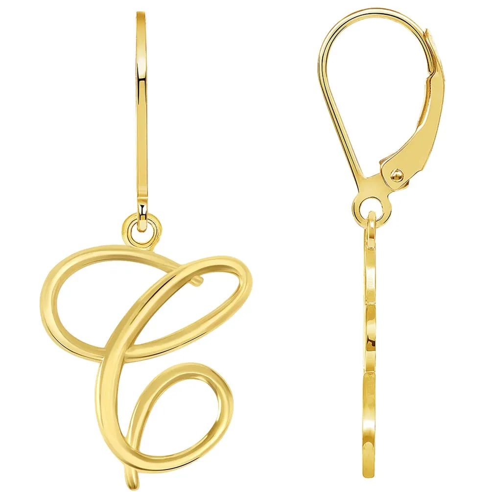 Solid 14k Yellow Gold Elegant Script Letter Cursive Initial Dangle Drop Earrings with Leverback - A to Z