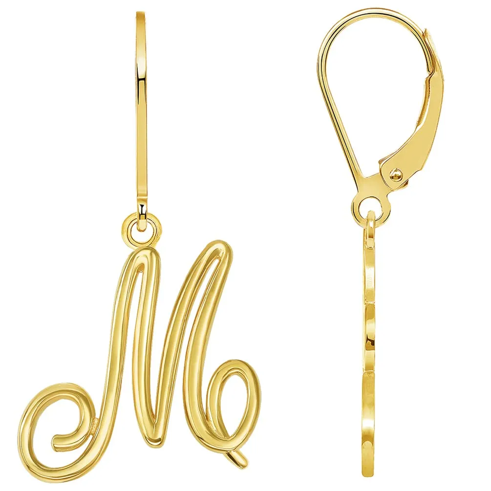 Solid 14k Yellow Gold Elegant Script Letter Cursive Initial Dangle Drop Earrings with Leverback - A to Z