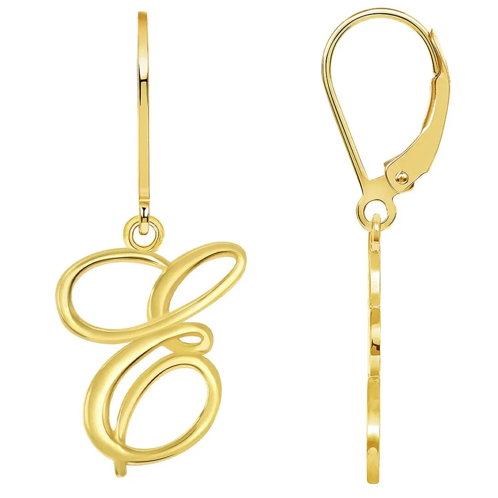 Solid 14k Yellow Gold Elegant Script Letter Cursive Initial Dangle Drop Earrings with Leverback - A to Z
