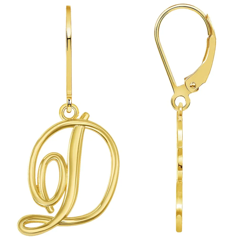 Solid 14k Yellow Gold Elegant Script Letter Cursive Initial Dangle Drop Earrings with Leverback - A to Z