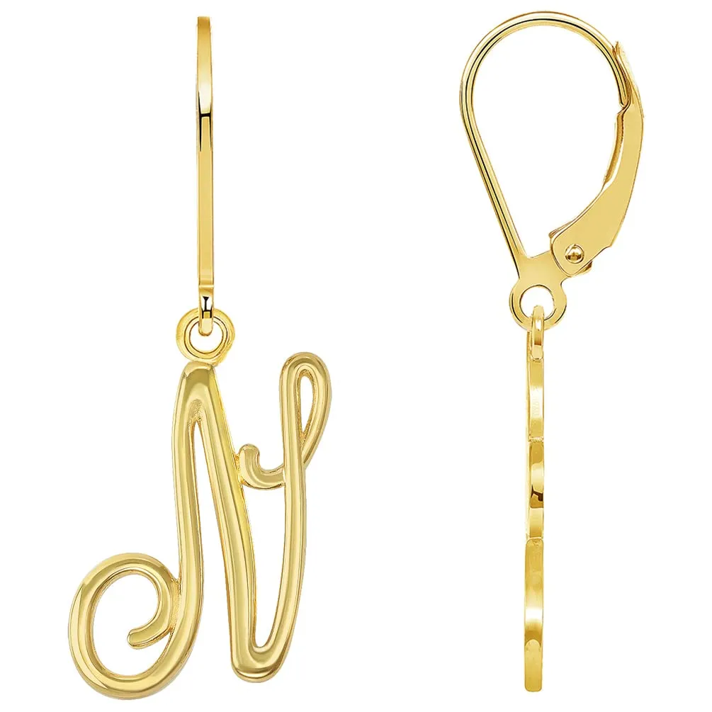 Solid 14k Yellow Gold Elegant Script Letter Cursive Initial Dangle Drop Earrings with Leverback - A to Z