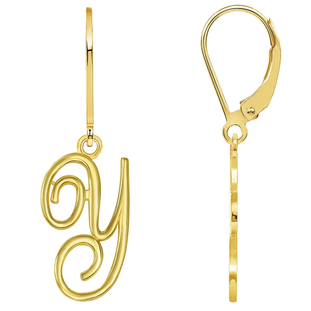 Solid 14k Yellow Gold Elegant Script Letter Cursive Initial Dangle Drop Earrings with Leverback - A to Z