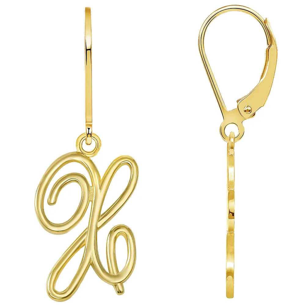 Solid 14k Yellow Gold Elegant Script Letter Cursive Initial Dangle Drop Earrings with Leverback - A to Z