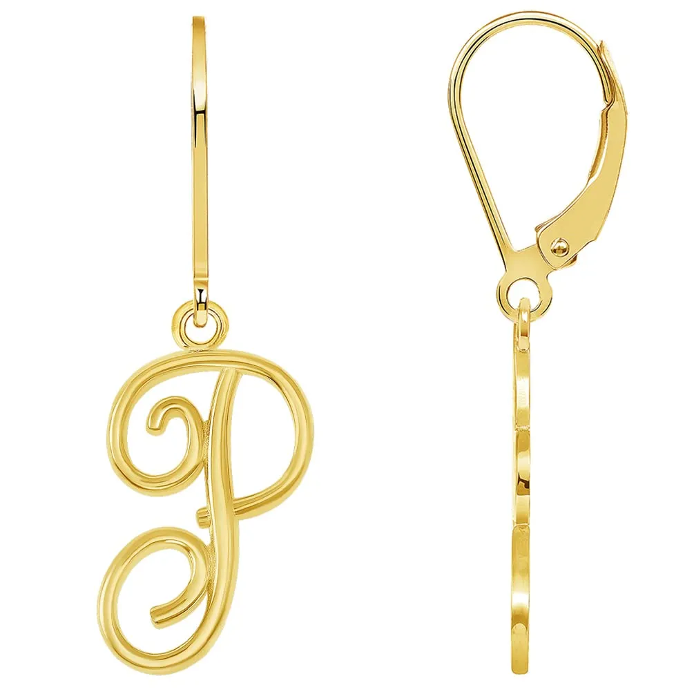 Solid 14k Yellow Gold Elegant Script Letter Cursive Initial Dangle Drop Earrings with Leverback - A to Z