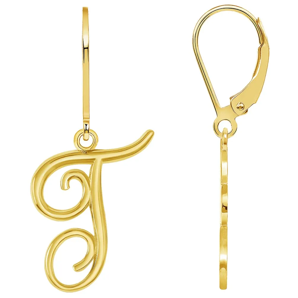 Solid 14k Yellow Gold Elegant Script Letter Cursive Initial Dangle Drop Earrings with Leverback - A to Z