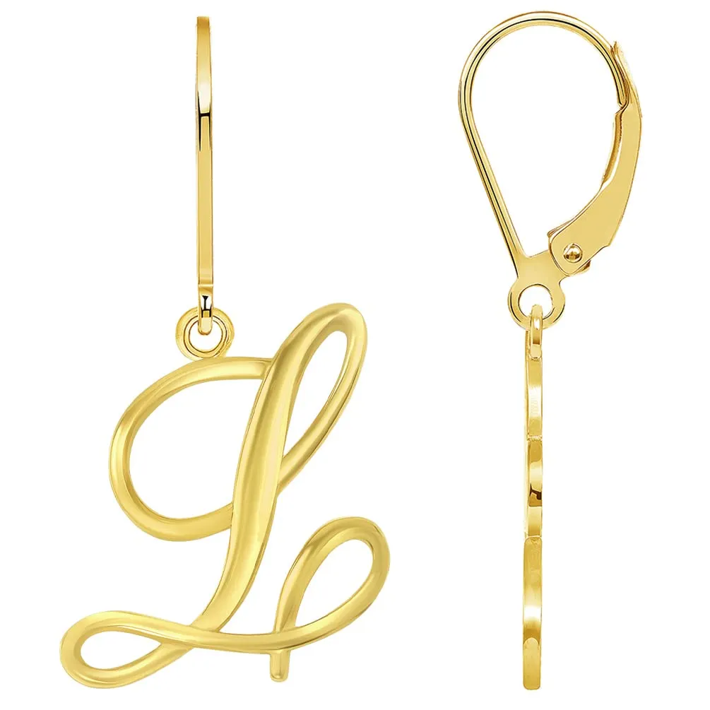 Solid 14k Yellow Gold Elegant Script Letter Cursive Initial Dangle Drop Earrings with Leverback - A to Z