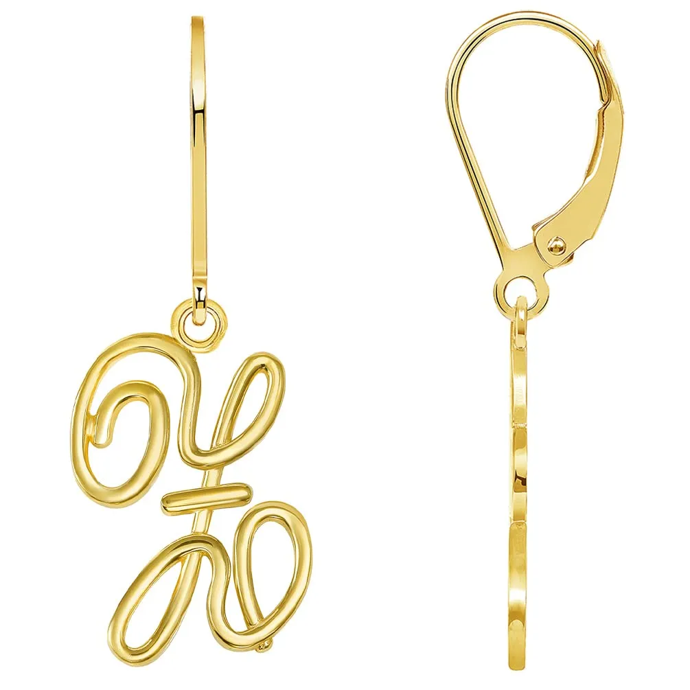 Solid 14k Yellow Gold Elegant Script Letter Cursive Initial Dangle Drop Earrings with Leverback - A to Z