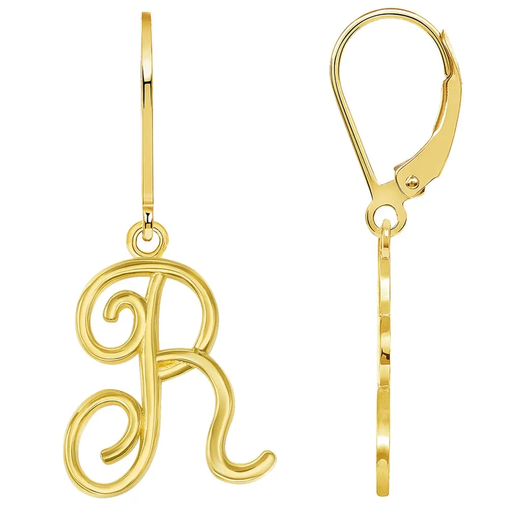 Solid 14k Yellow Gold Elegant Script Letter Cursive Initial Dangle Drop Earrings with Leverback - A to Z