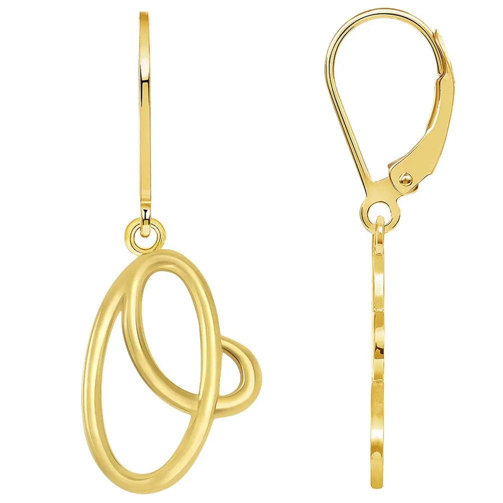 Solid 14k Yellow Gold Elegant Script Letter Cursive Initial Dangle Drop Earrings with Leverback - A to Z