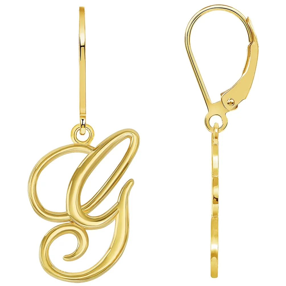 Solid 14k Yellow Gold Elegant Script Letter Cursive Initial Dangle Drop Earrings with Leverback - A to Z