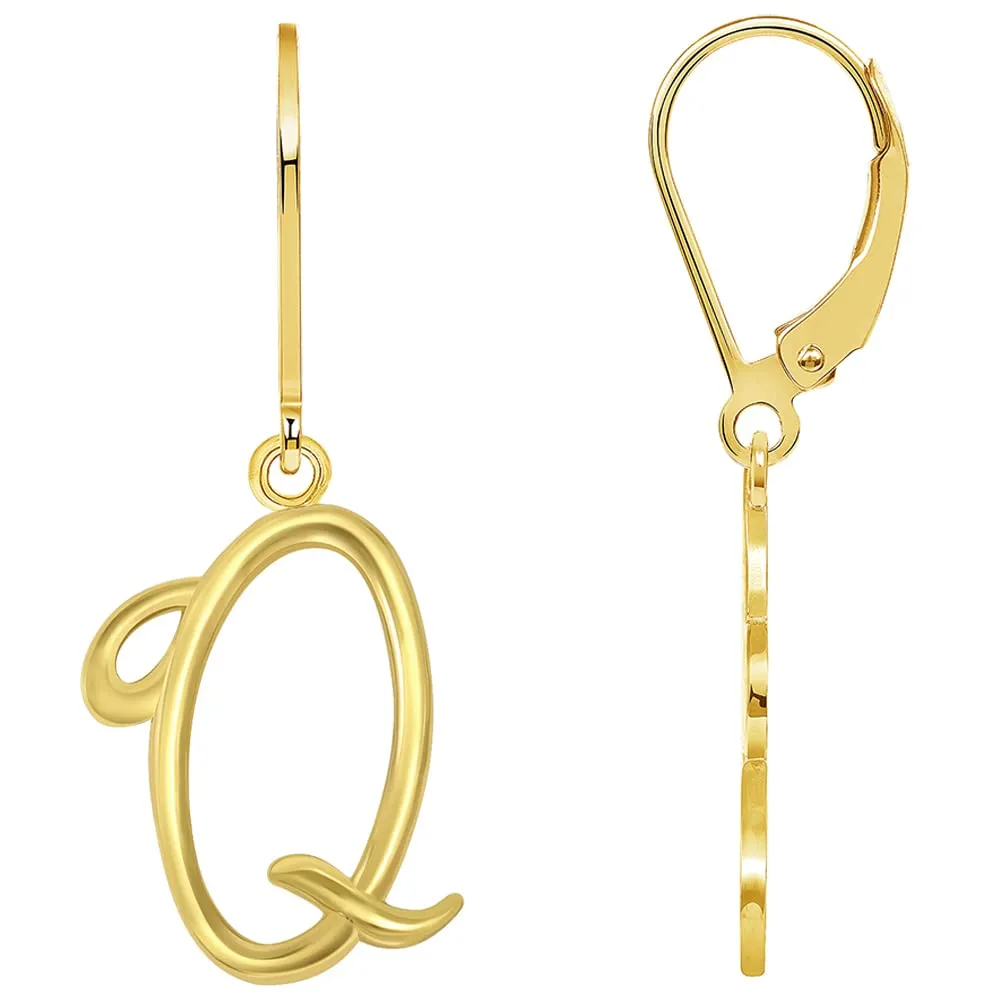 Solid 14k Yellow Gold Elegant Script Letter Cursive Initial Dangle Drop Earrings with Leverback - A to Z