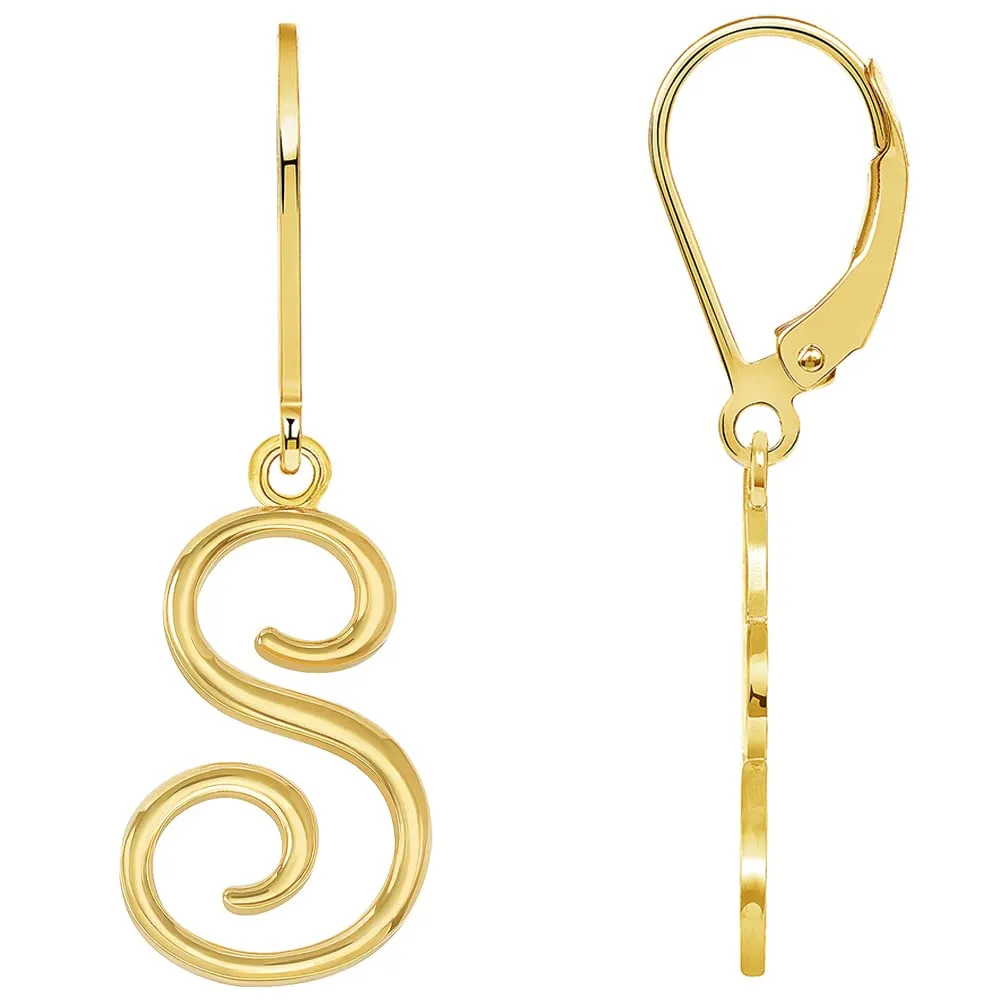 Solid 14k Yellow Gold Elegant Script Letter Cursive Initial Dangle Drop Earrings with Leverback - A to Z