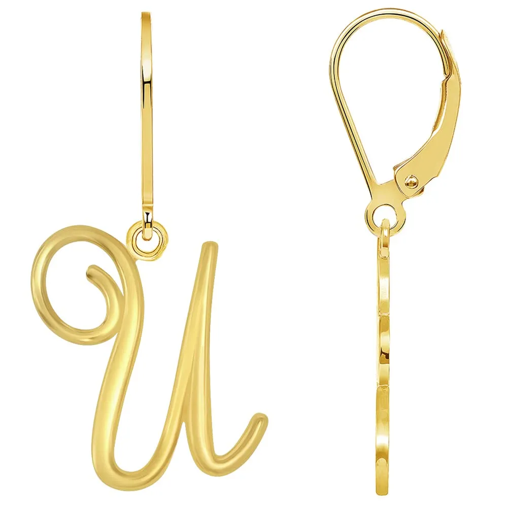 Solid 14k Yellow Gold Elegant Script Letter Cursive Initial Dangle Drop Earrings with Leverback - A to Z