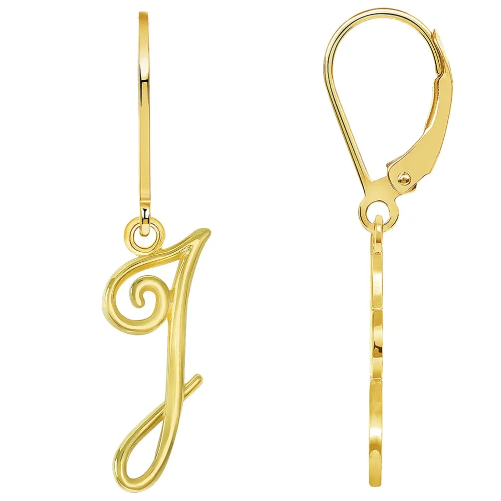 Solid 14k Yellow Gold Elegant Script Letter Cursive Initial Dangle Drop Earrings with Leverback - A to Z