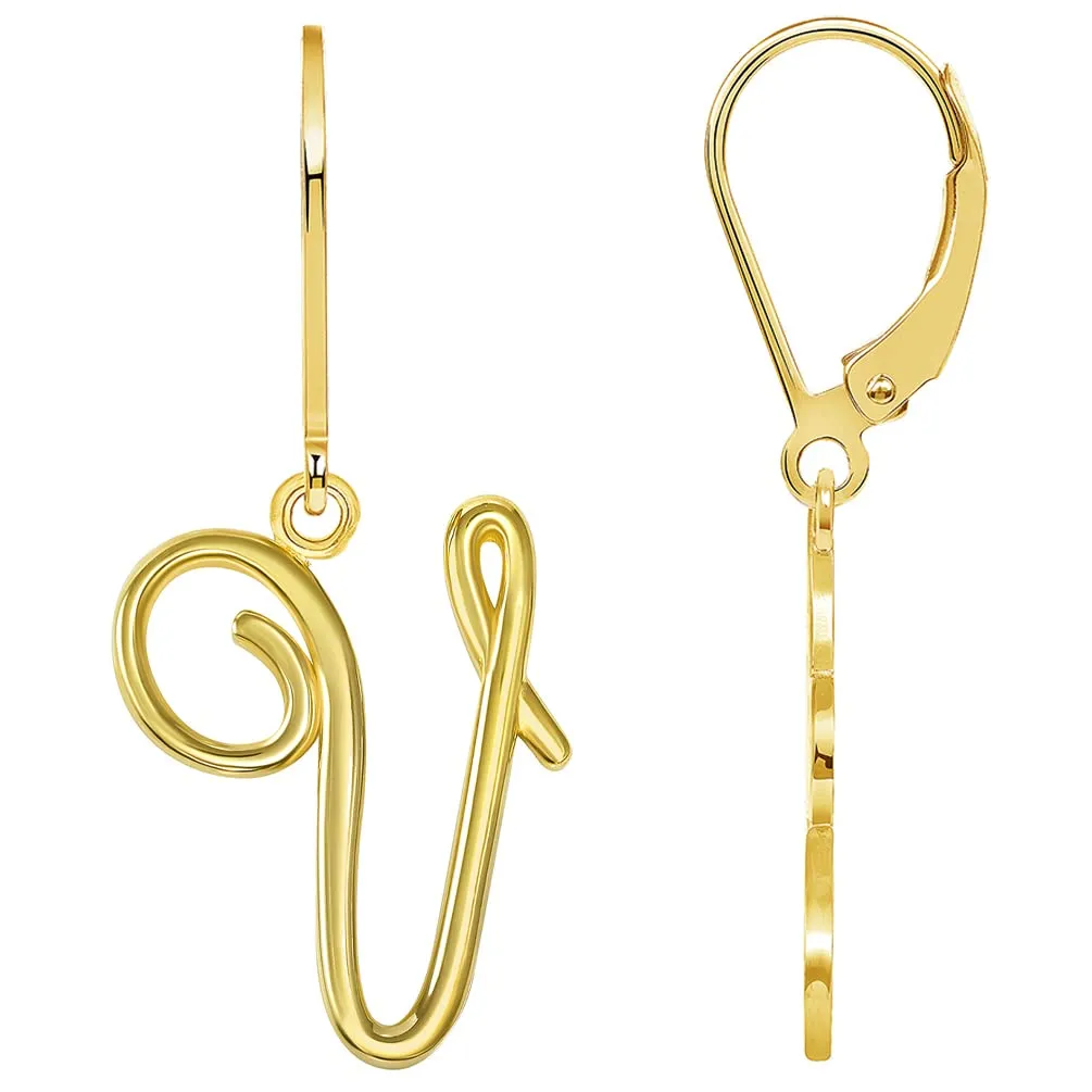 Solid 14k Yellow Gold Elegant Script Letter Cursive Initial Dangle Drop Earrings with Leverback - A to Z