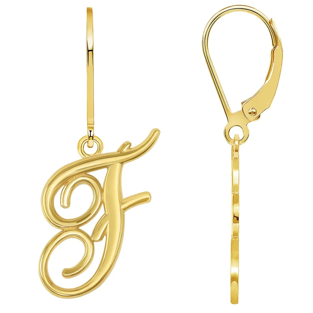 Solid 14k Yellow Gold Elegant Script Letter Cursive Initial Dangle Drop Earrings with Leverback - A to Z
