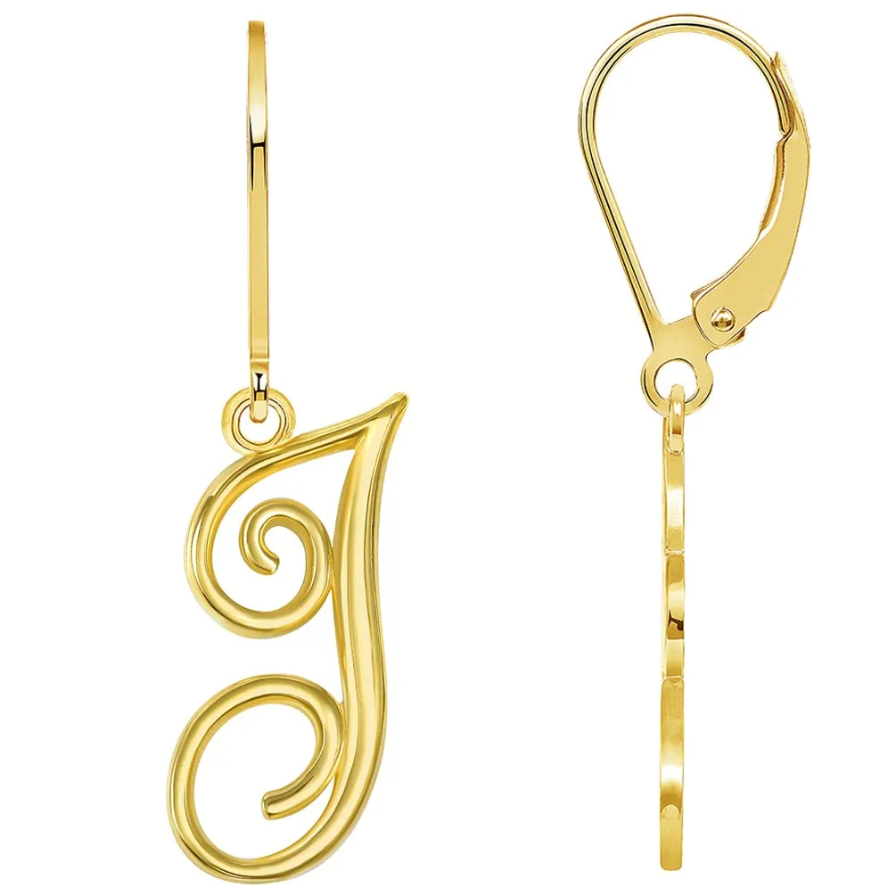 Solid 14k Yellow Gold Elegant Script Letter Cursive Initial Dangle Drop Earrings with Leverback - A to Z