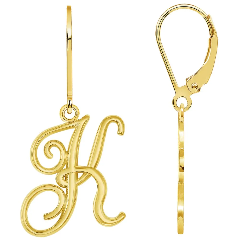Solid 14k Yellow Gold Elegant Script Letter Cursive Initial Dangle Drop Earrings with Leverback - A to Z