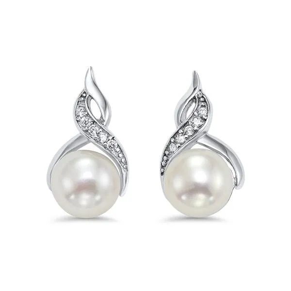 Sterling Silver Pearl and CZ Crossover Drop Earrings