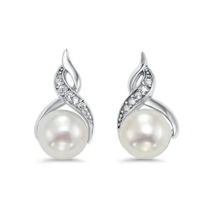 Sterling Silver Pearl and CZ Crossover Drop Earrings