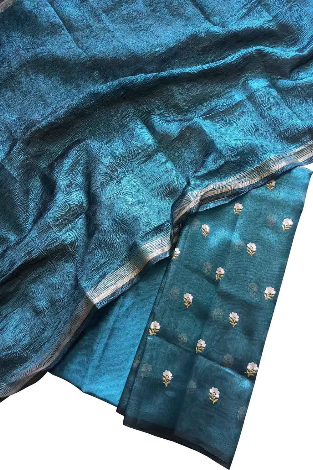 Stunning Blue Tissue Silk Embroidered Unstitched Suit Set