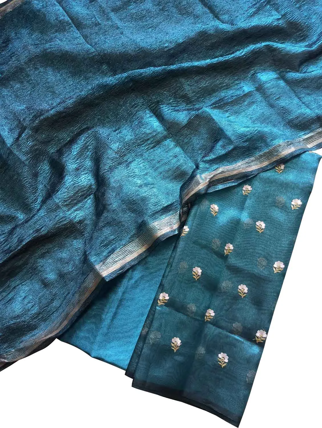 Stunning Blue Tissue Silk Embroidered Unstitched Suit Set