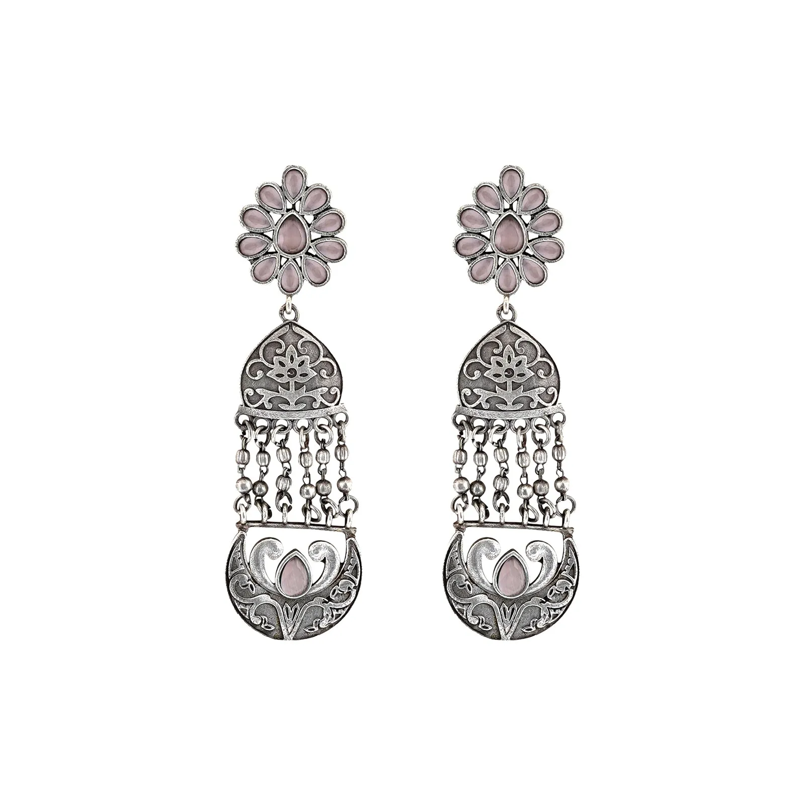 Teejh Bina Floral Pink  Silver Oxidised Earrings