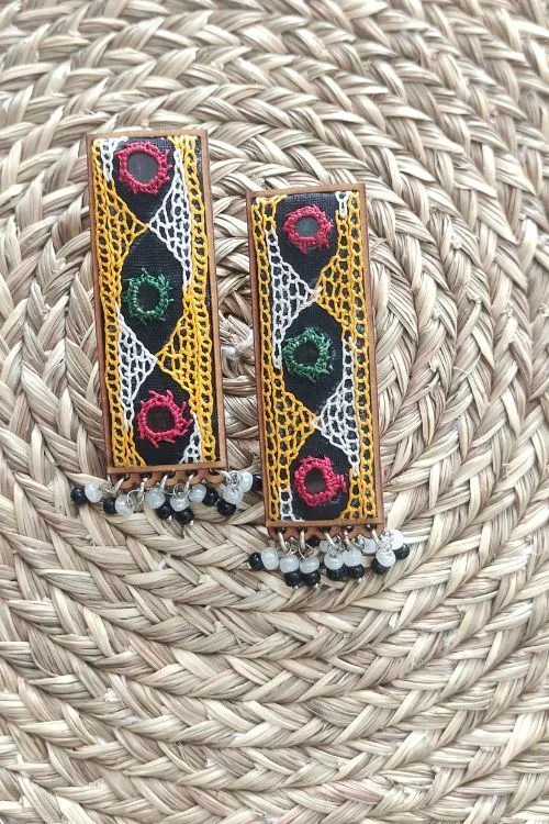 WHE Hand Embroidered Multicolor Rectangle Earrings
