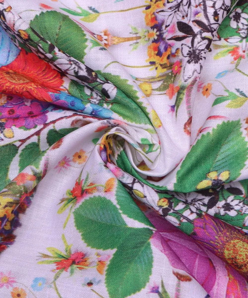 White and Green Floral Design Digital Print Cotton Fabric