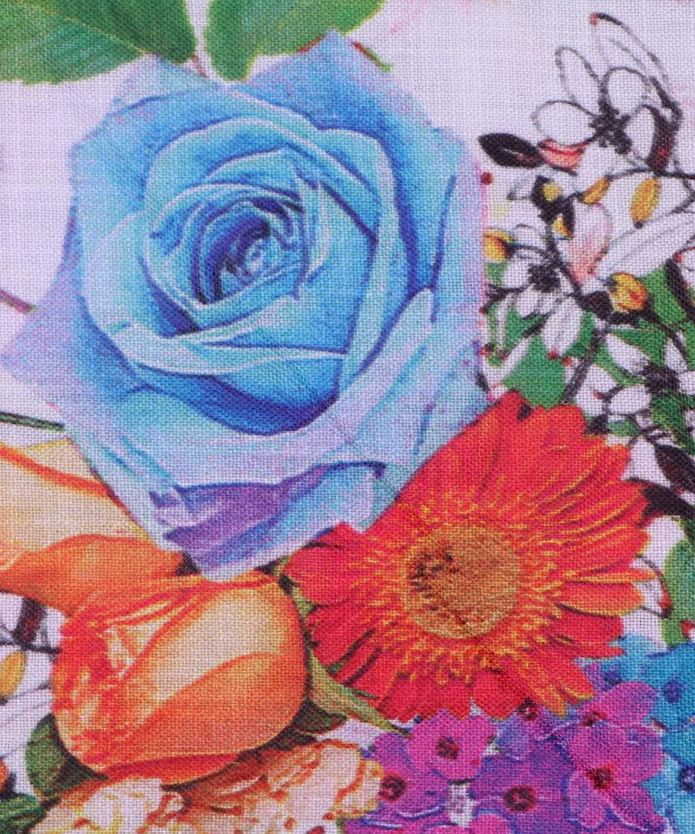 White and Green Floral Design Digital Print Cotton Fabric