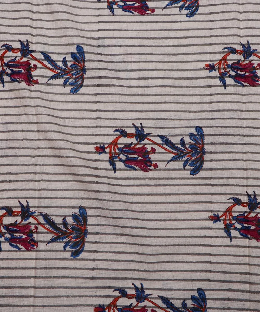 White Colour Flower and Stripe Print Cotton Slub Fabric