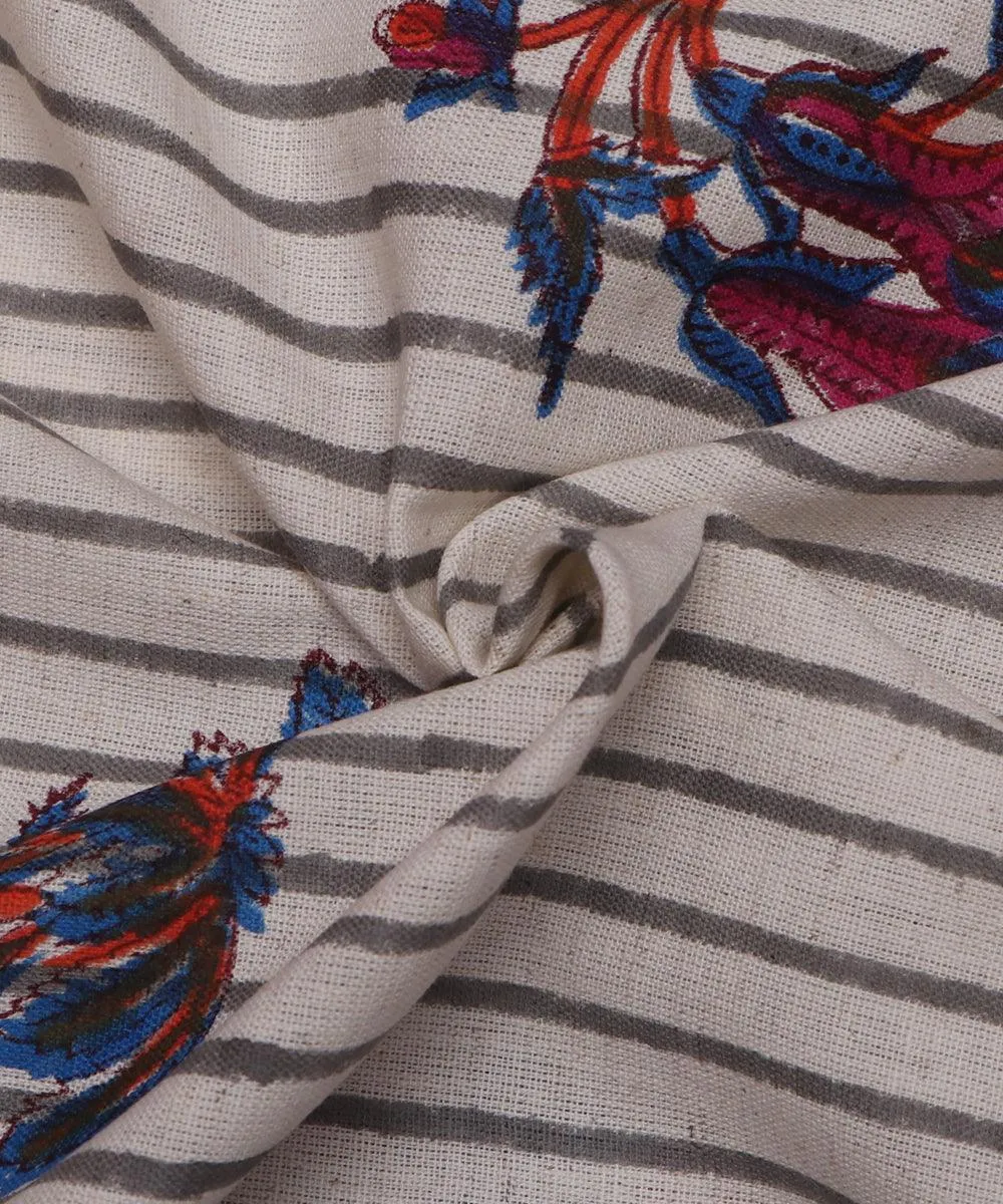 White Colour Flower and Stripe Print Cotton Slub Fabric