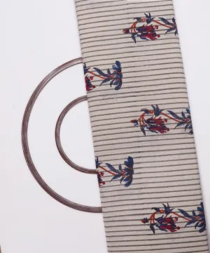 White Colour Flower and Stripe Print Cotton Slub Fabric