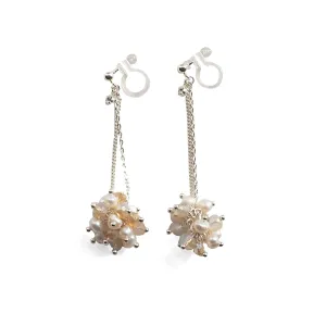 White Freshwater Pearl & Pink Crystal Ball Invisible Clip On Earrings (Silver tone)