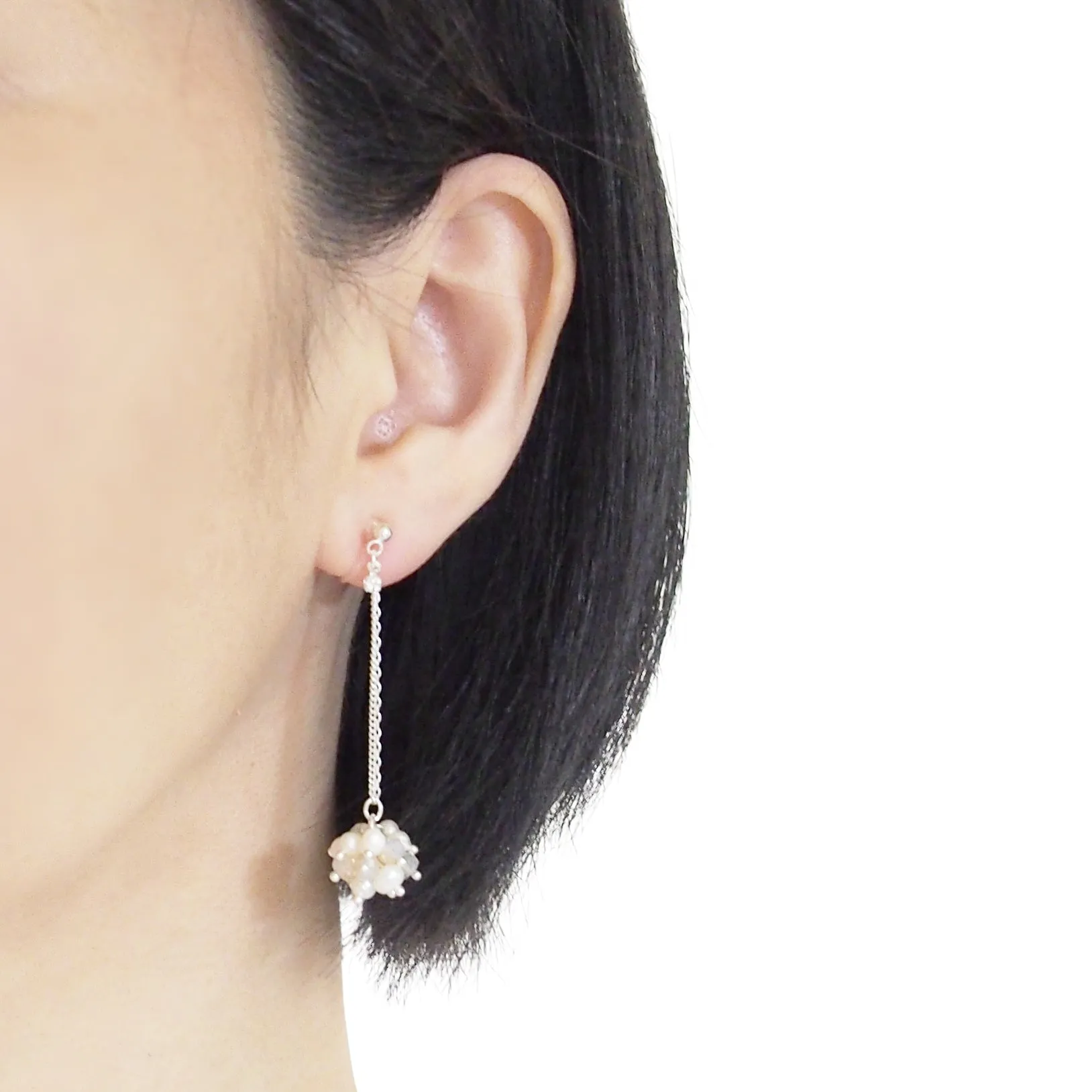 White Freshwater Pearl & Pink Crystal Ball Invisible Clip On Earrings (Silver tone)