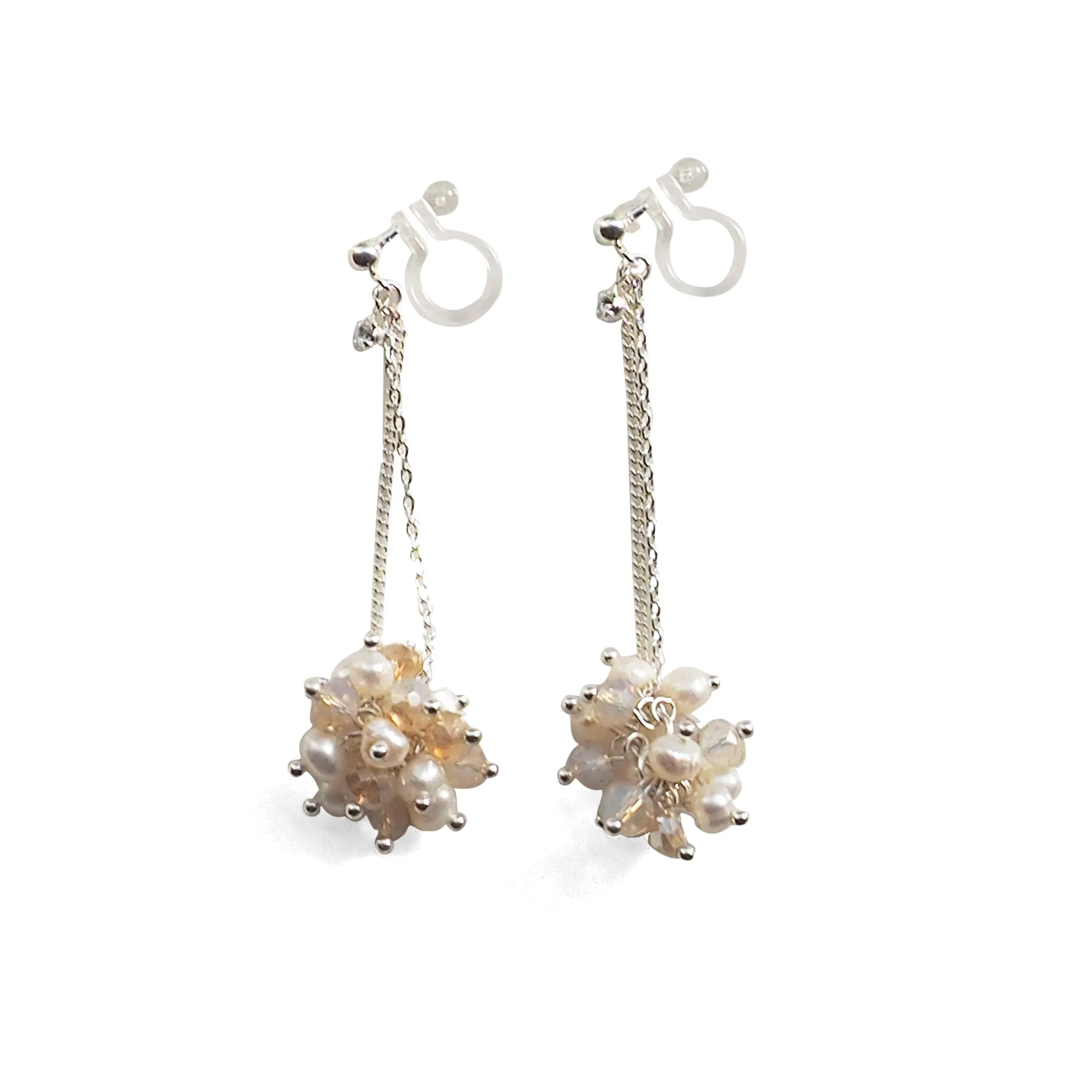 White Freshwater Pearl & Pink Crystal Ball Invisible Clip On Earrings (Silver tone)