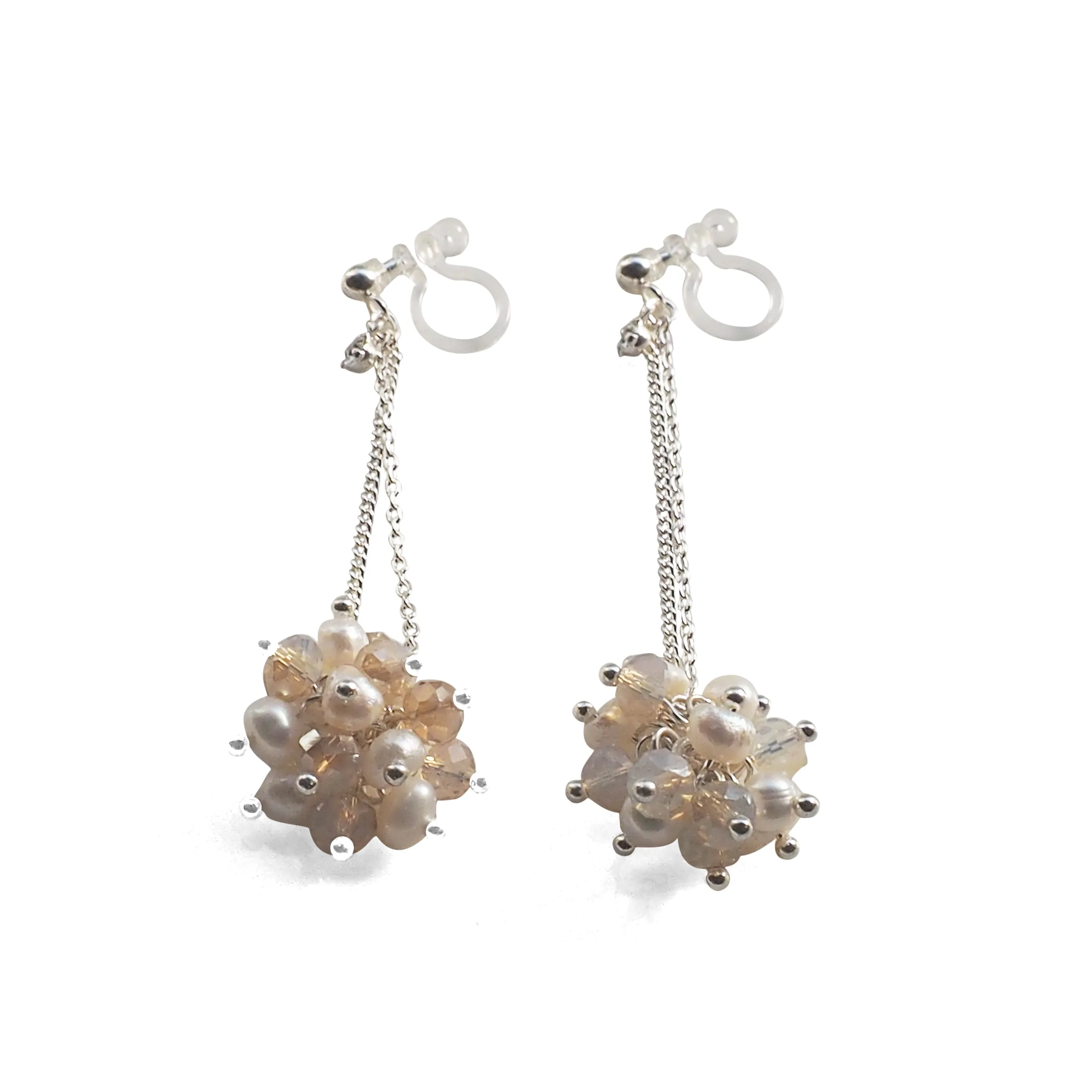 White Freshwater Pearl & Pink Crystal Ball Invisible Clip On Earrings (Silver tone)