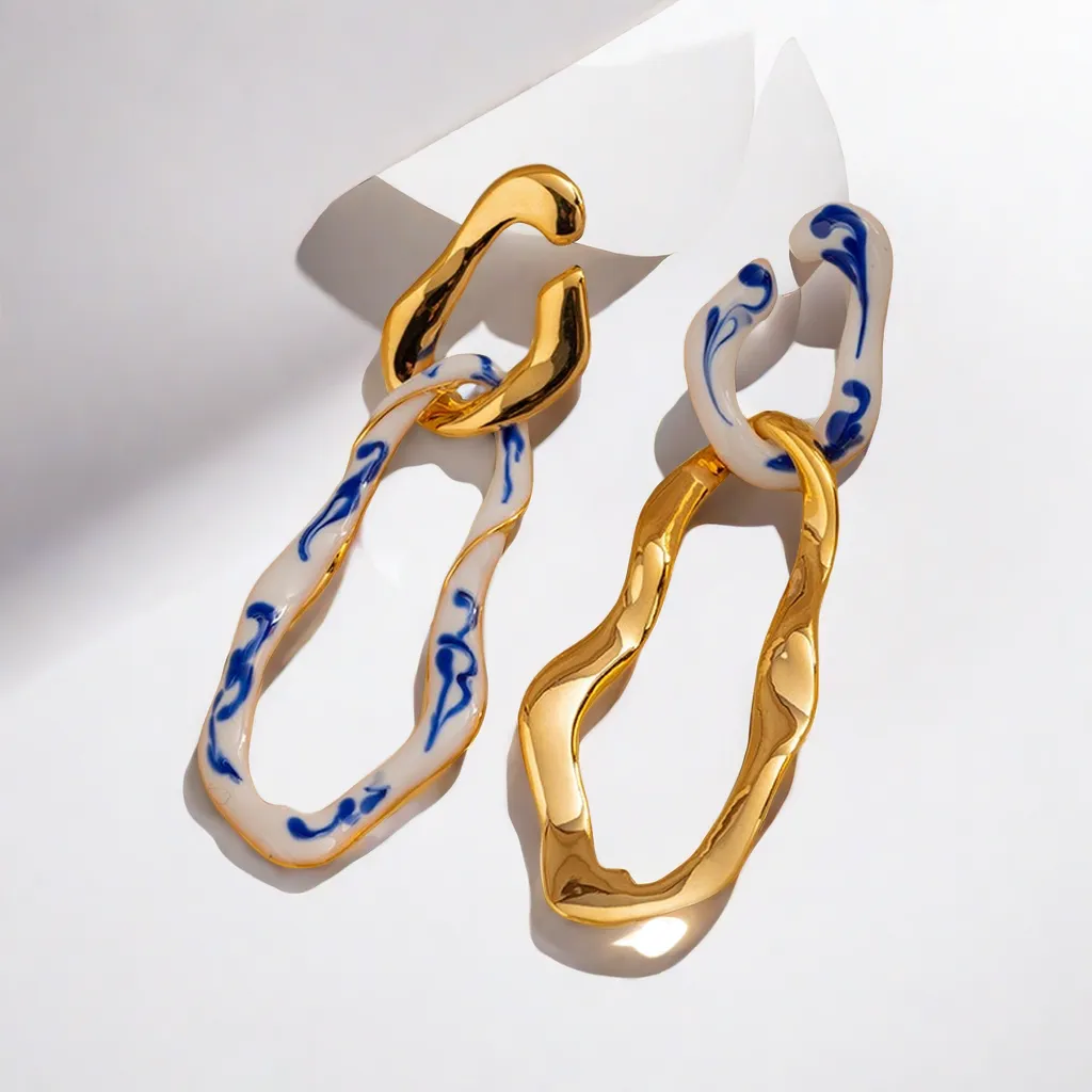 Willma Blue and White Irregular Porcelain Pendant Earrings
