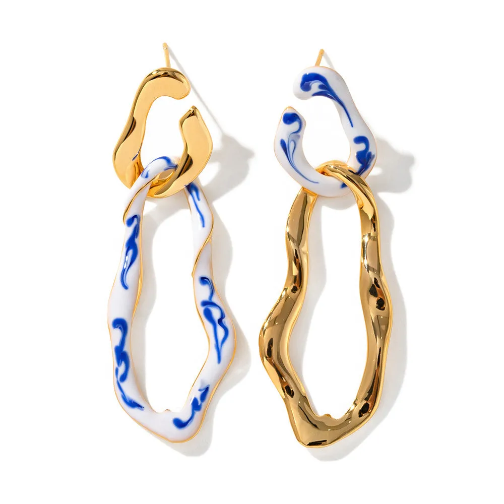 Willma Blue and White Irregular Porcelain Pendant Earrings