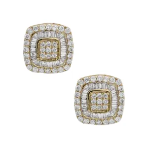 Women's Double Halo Baguette Cluster Diamond Stud Earrings 0.69ct 10K Yellow Gold