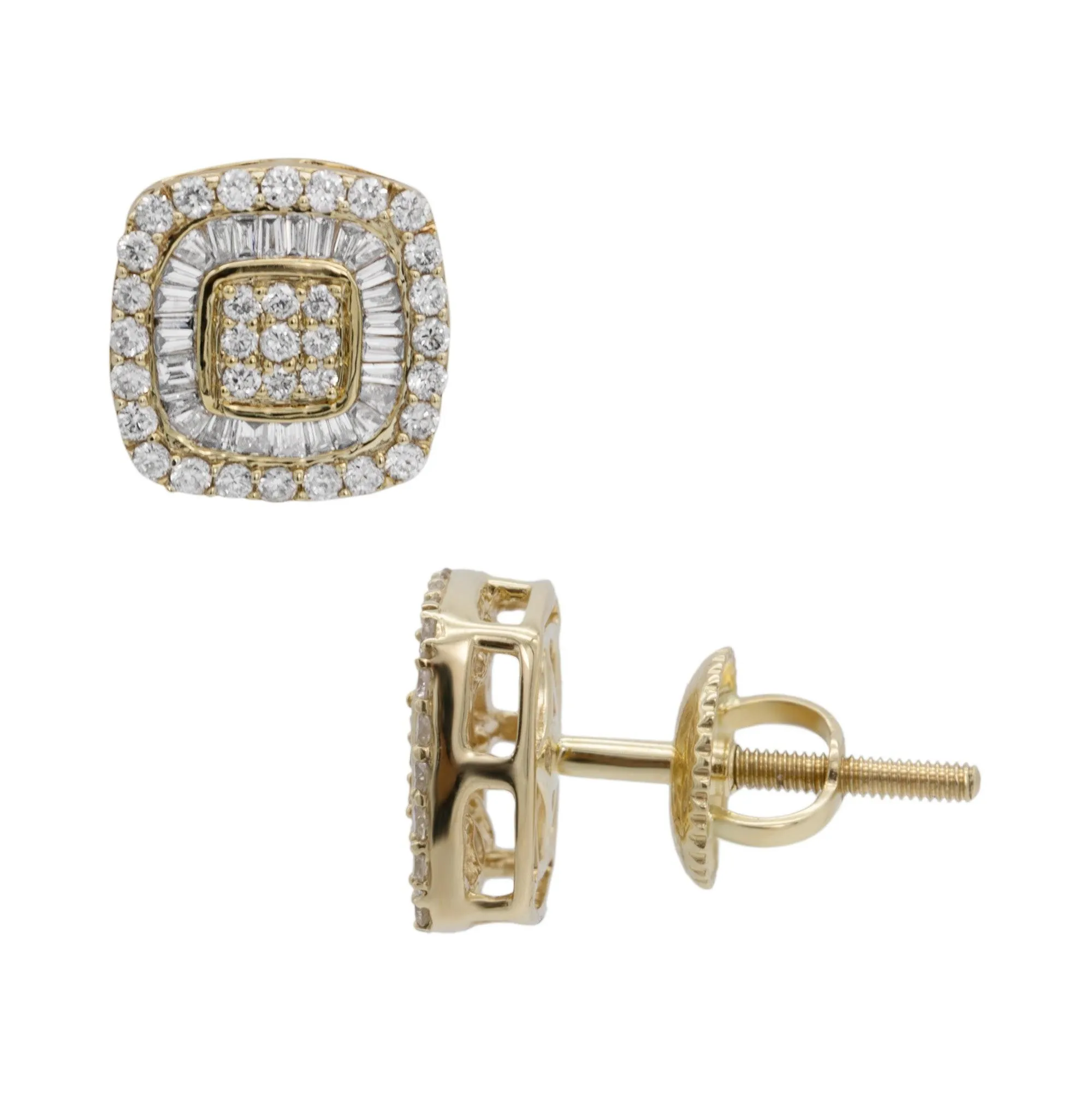 Women's Double Halo Baguette Cluster Diamond Stud Earrings 0.69ct 10K Yellow Gold