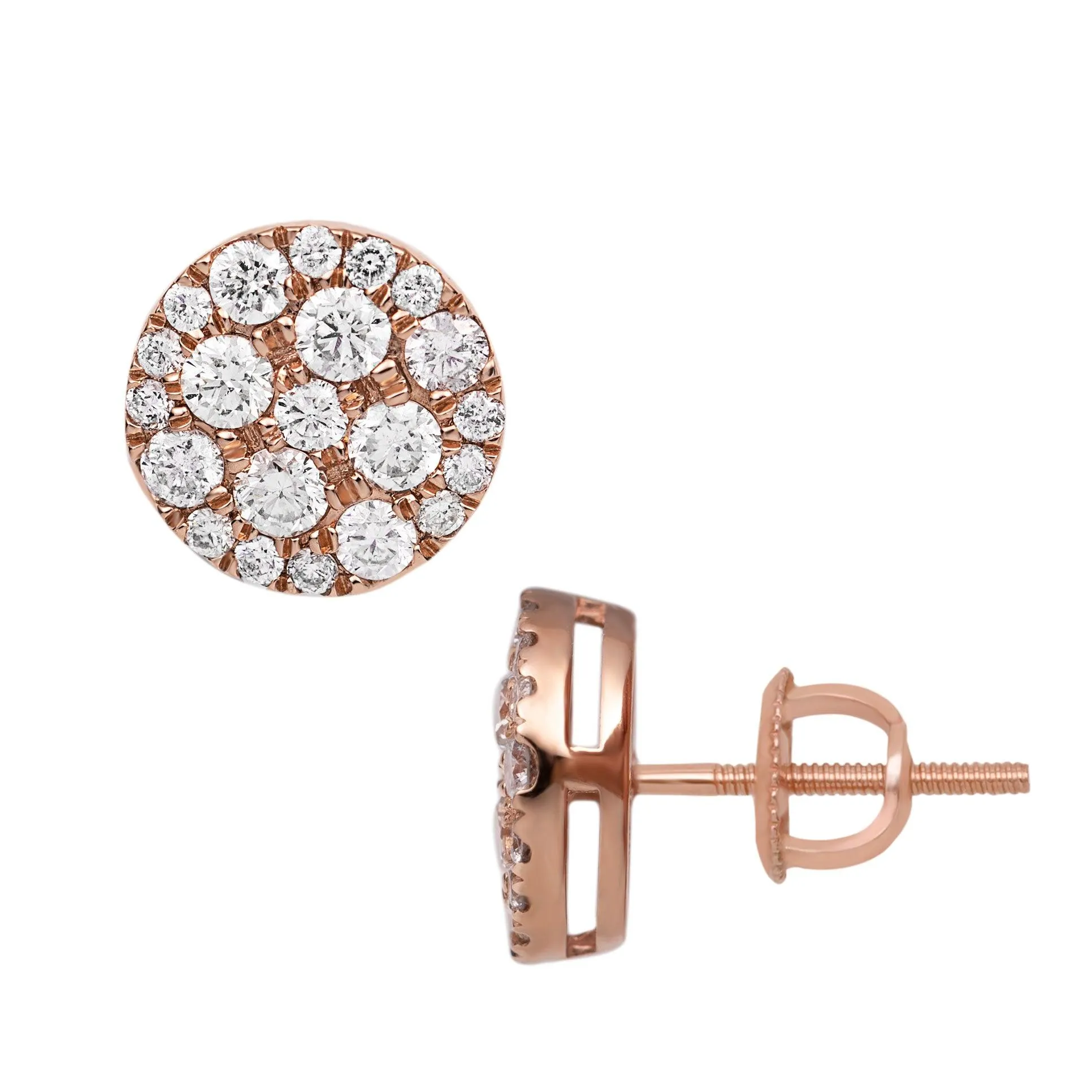 Women's Round Halo Cluster Diamond Stud Earrings 1.62ct 14K Rose Gold