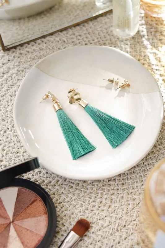 Xander Kostroma Gold Tone & Forest Green Tassel Drop Earrings – 8 cm drop, Statement Earrings, Boho Chic Jewelry, Lightweight Drop Earrings, Fashion Accessories, Gift for Her